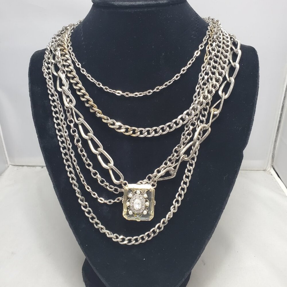 Avenue - 6 Layers of silver  links with large glass stone  rhinestone & pearl